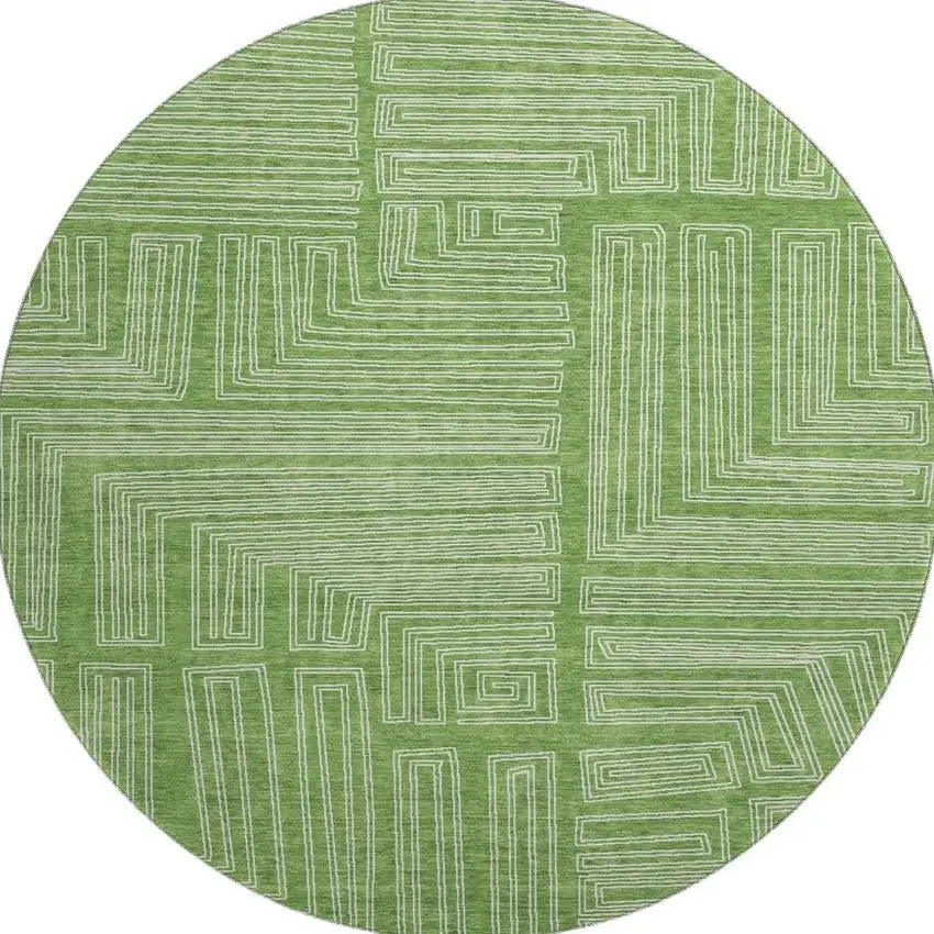 8' Green And Ivory Geometric Washable Round Rug With UV Protection Photo 3