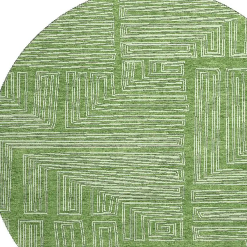 8' Green And Ivory Geometric Washable Round Rug With UV Protection Photo 2