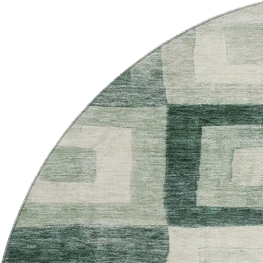 8' Green And Ivory Geometric Washable Round Rug With UV Protection Photo 2