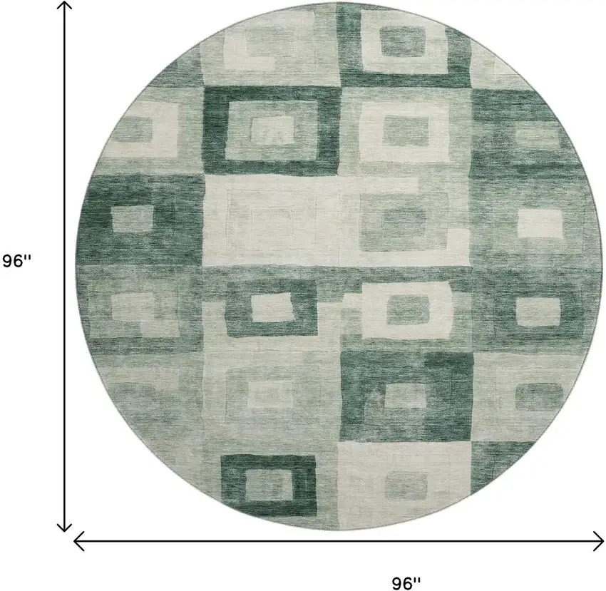 8' Green And Ivory Geometric Washable Round Rug With UV Protection Photo 9