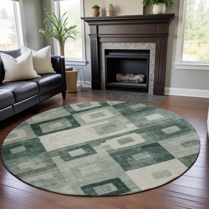 8' Green And Ivory Geometric Washable Round Rug With UV Protection Photo 4