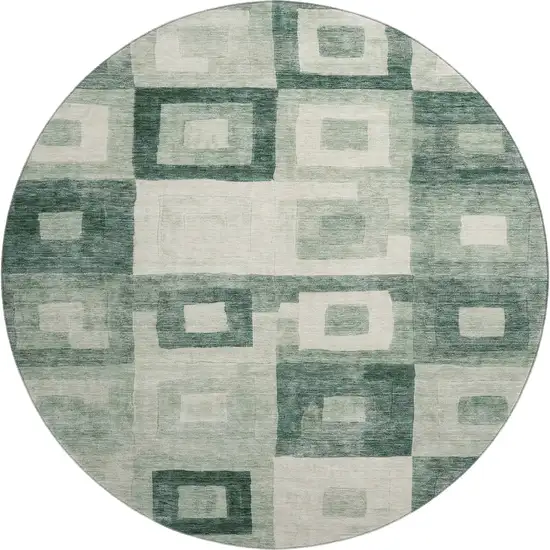 8' Green And Ivory Geometric Washable Round Rug With UV Protection Photo 1