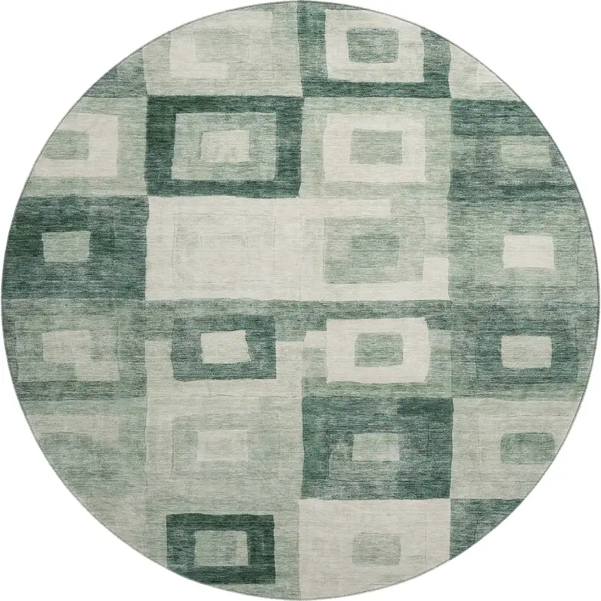 8' Green And Ivory Geometric Washable Round Rug With UV Protection Photo 1