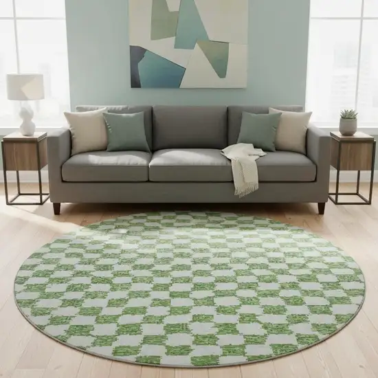 8' Green And Ivory Geometric Washable Round Rug With UV Protection Photo 2