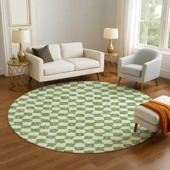 8' Green And Ivory Geometric Washable Round Rug With UV Protection Photo 5