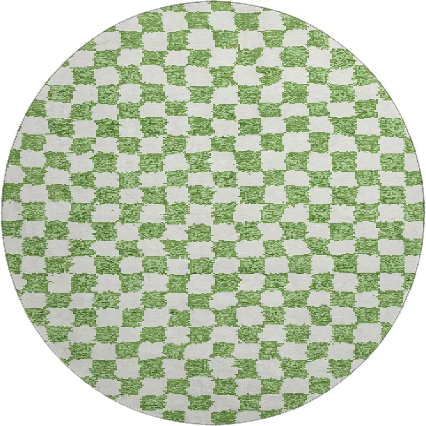 8' Green And Ivory Geometric Washable Round Rug With UV Protection Photo 1