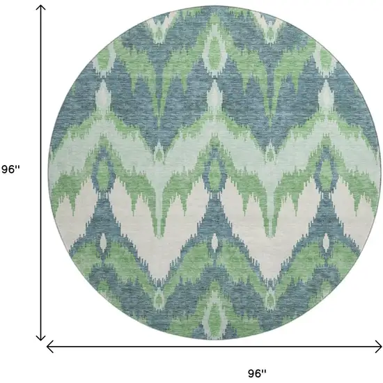 8' Green And Ivory Ikat Washable Round Rug With UV Protection Photo 3
