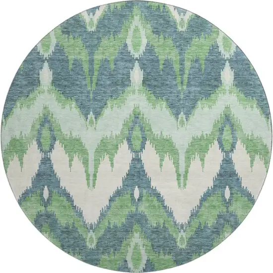 8' Green And Ivory Ikat Washable Round Rug With UV Protection Photo 1
