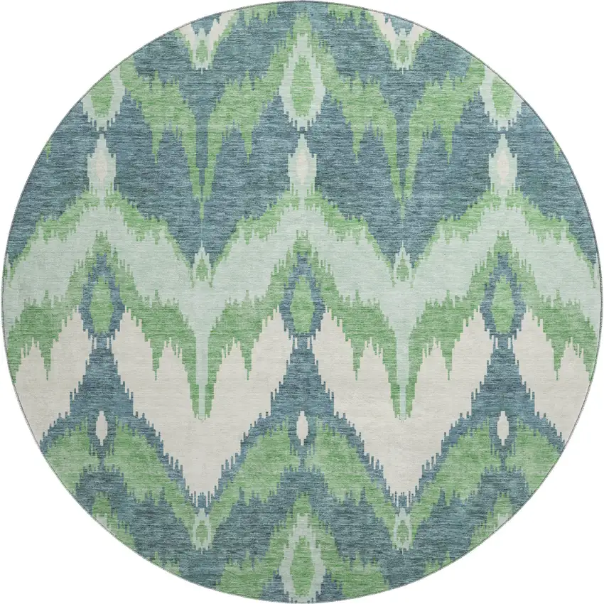 8' Green And Ivory Ikat Washable Round Rug With UV Protection Photo 1
