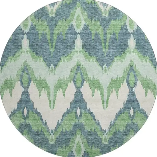 8' Green And Ivory Ikat Washable Round Rug With UV Protection Photo 4