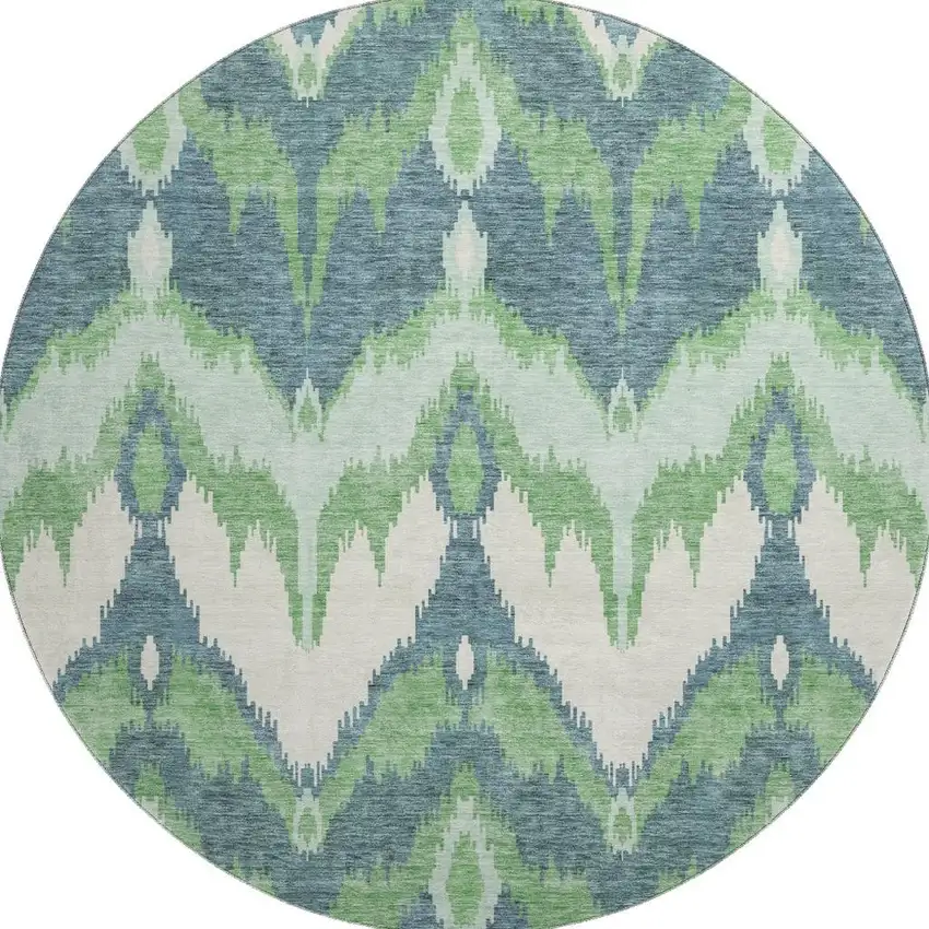 8' Green And Ivory Ikat Washable Round Rug With UV Protection Photo 4