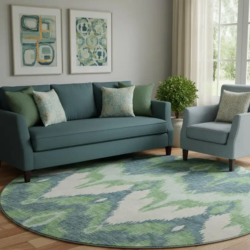 8' Green And Ivory Ikat Washable Round Rug With UV Protection Photo 1