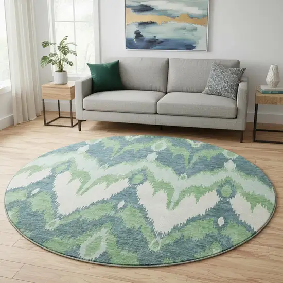 8' Green And Ivory Ikat Washable Round Rug With UV Protection Photo 2