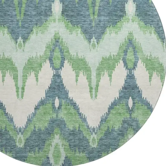 8' Green And Ivory Ikat Washable Round Rug With UV Protection Photo 3
