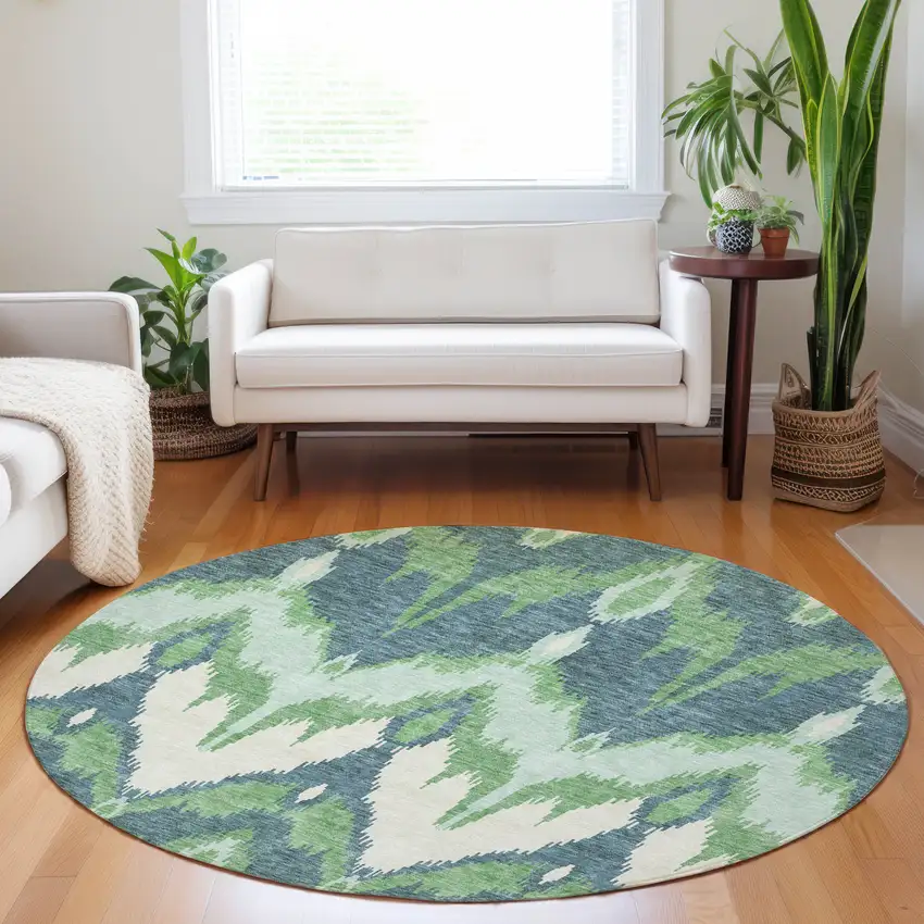 8' Green And Ivory Ikat Washable Round Rug With UV Protection Photo 5