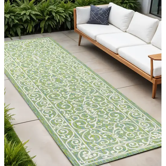 10' Green And Ivory Medallion Indoor Outdoor Runner Rug Photo 1