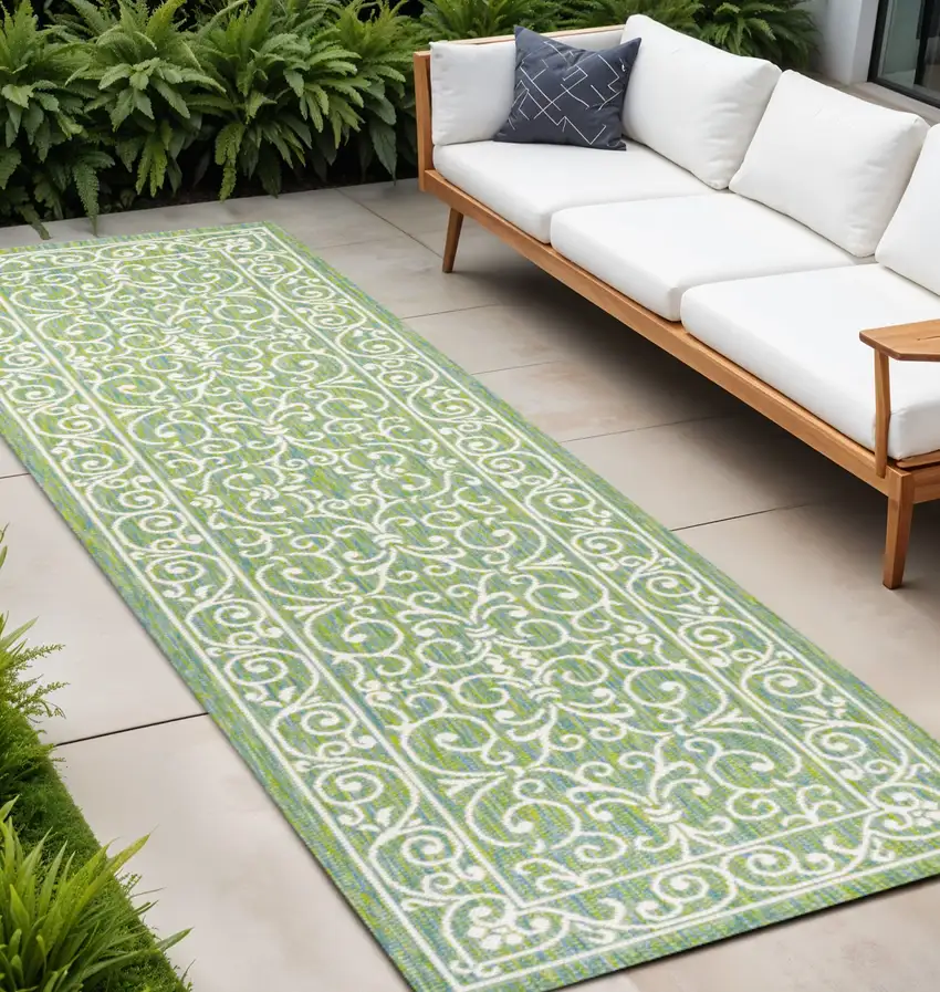 10' Green And Ivory Medallion Indoor Outdoor Runner Rug Photo 1