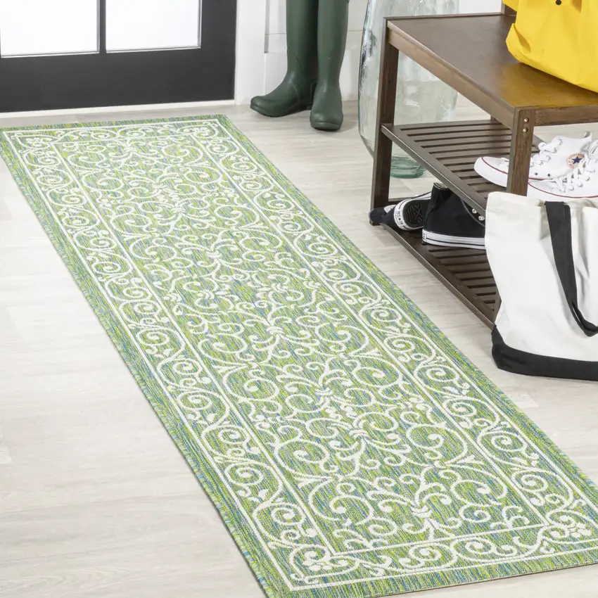 10' Green And Ivory Medallion Indoor Outdoor Runner Rug Photo 4