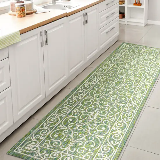10' Green And Ivory Medallion Indoor Outdoor Runner Rug Photo 6