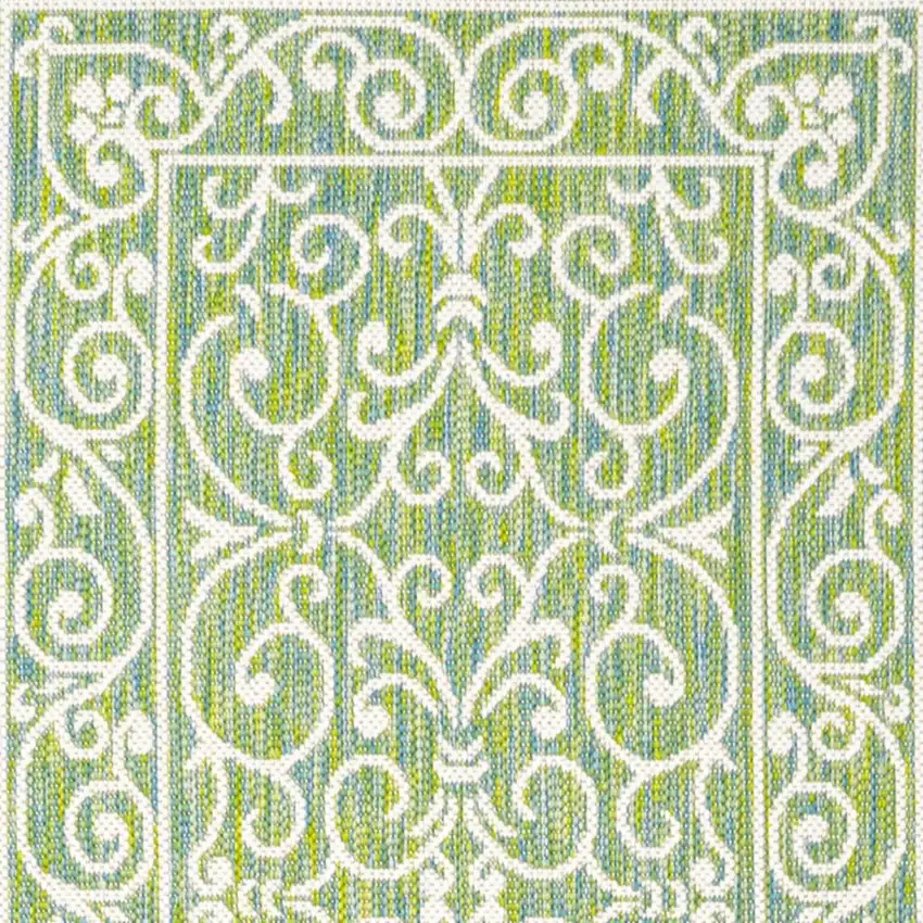10' Green And Ivory Medallion Indoor Outdoor Runner Rug Photo 3