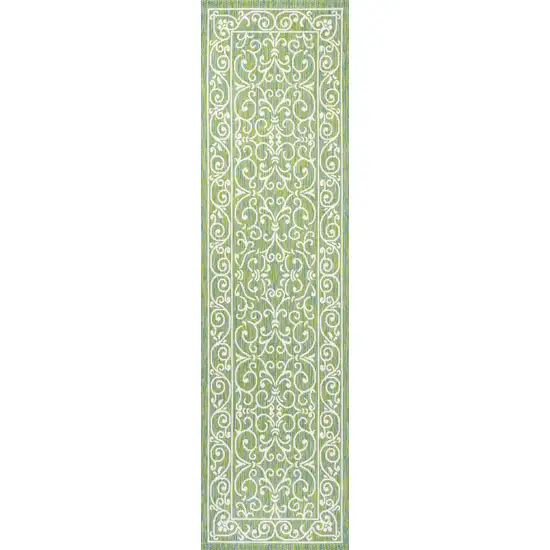 10' Green And Ivory Medallion Indoor Outdoor Runner Rug Photo 1