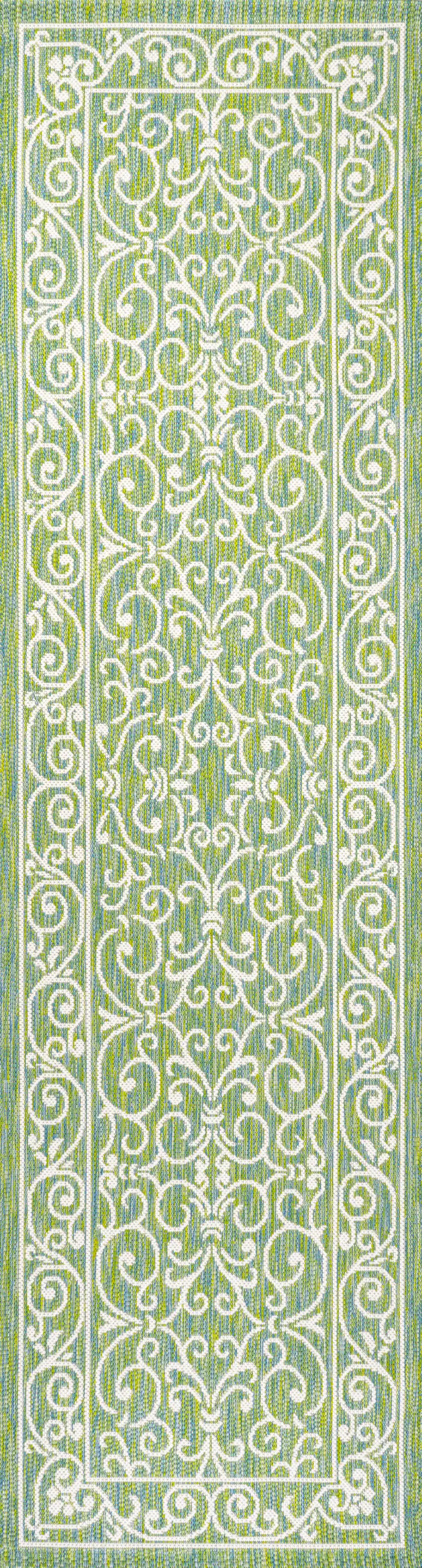 8' Green And Ivory Medallion Indoor Outdoor Runner Rug Photo 1