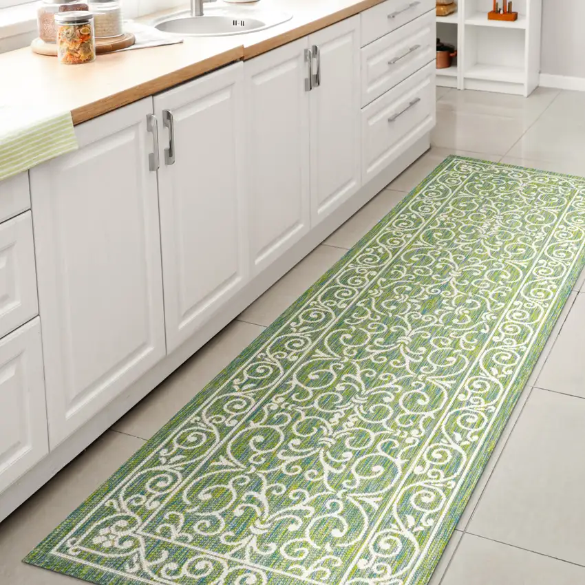 8' Green And Ivory Medallion Indoor Outdoor Runner Rug Photo 6