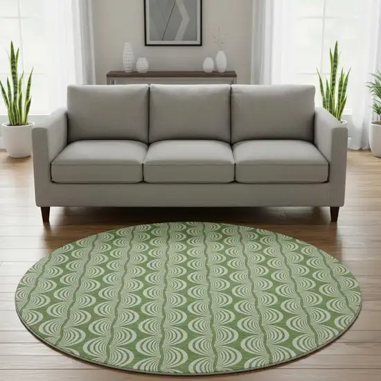 8' Green And Ivory Ogee Washable Round Rug With UV Protection Photo 2