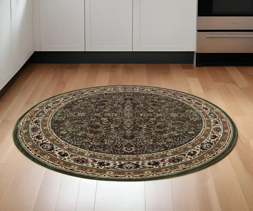 6' Green And Ivory Oriental Round Rug Photo 1