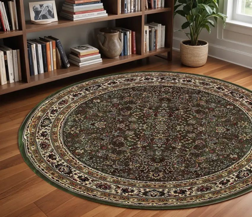 8' Green And Ivory Oriental Round Rug Photo 1