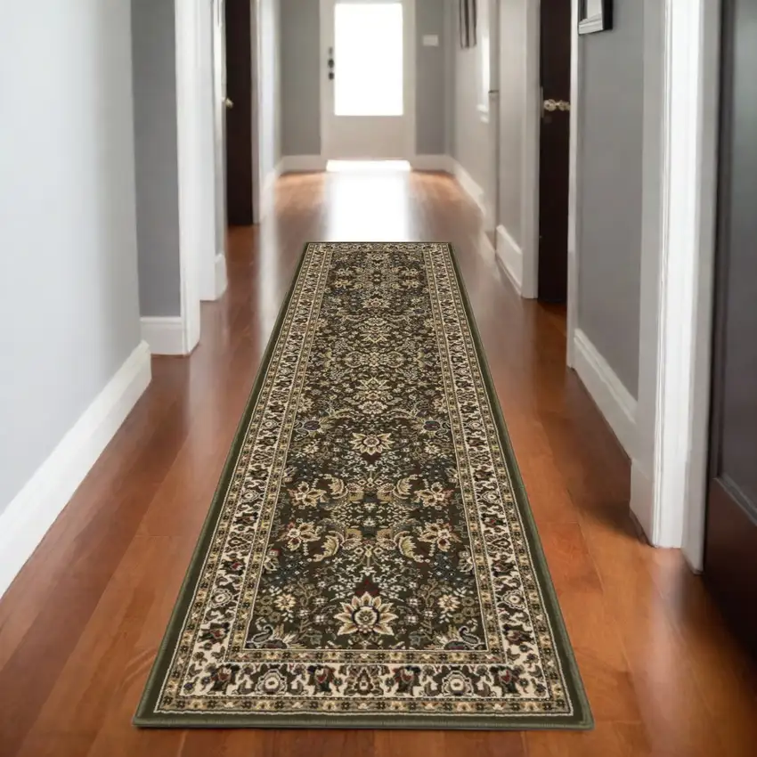 8' Green And Ivory Oriental Runner Rug Photo 1