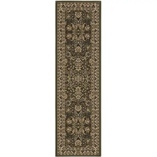 9' Green And Ivory Oriental Runner Rug Photo 2