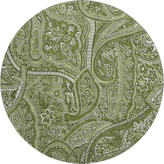 8' Green And Ivory Paisley Washable Round Rug With UV Protection Photo 1