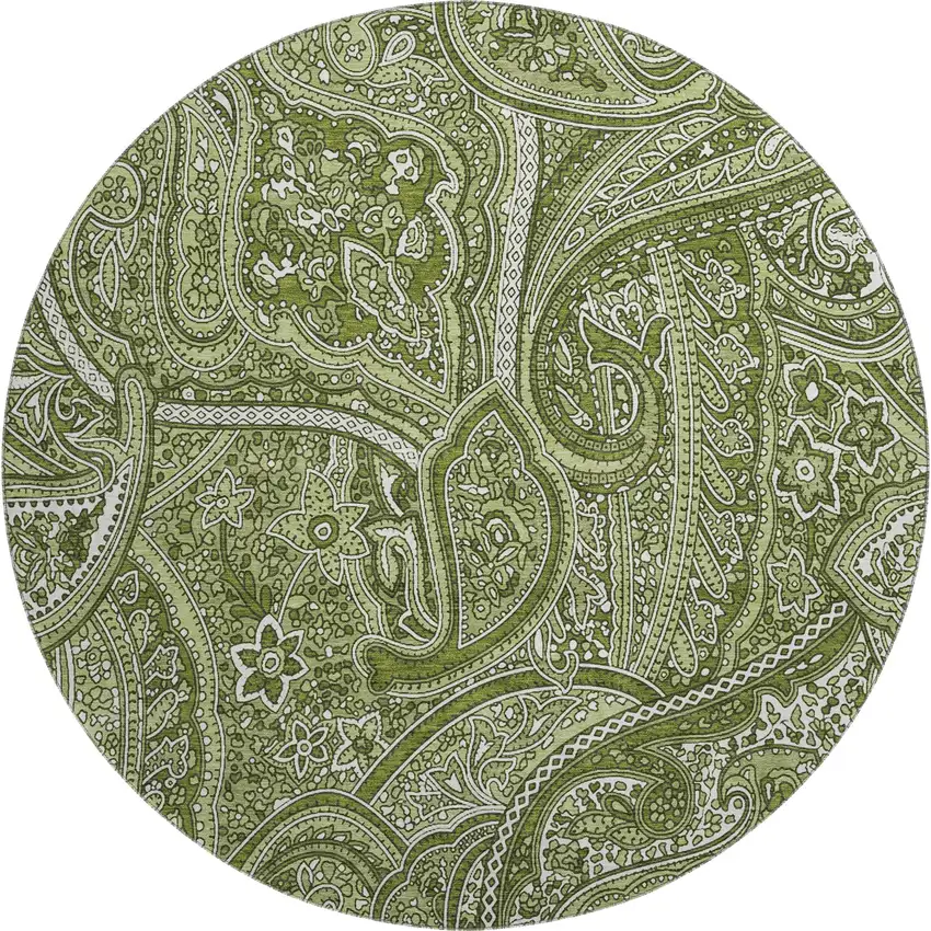 8' Green And Ivory Paisley Washable Round Rug With UV Protection Photo 1