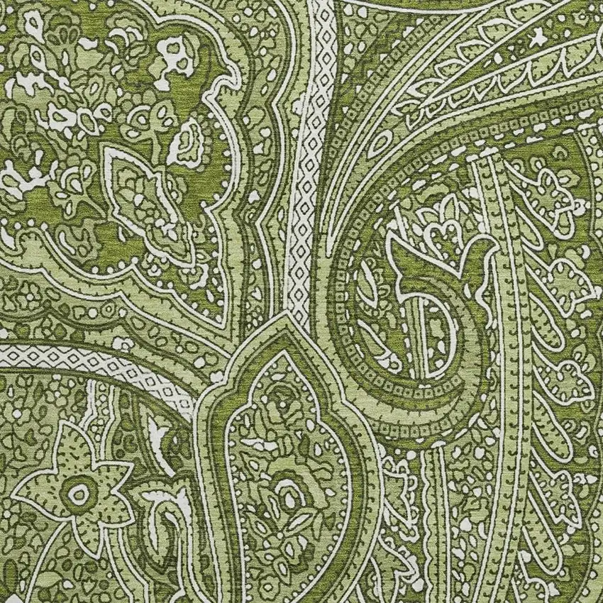 8' Green And Ivory Paisley Washable Round Rug With UV Protection Photo 3