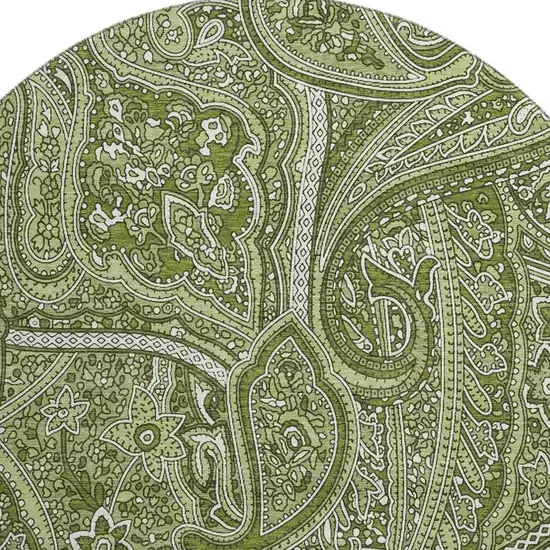8' Green And Ivory Paisley Washable Round Rug With UV Protection Photo 4