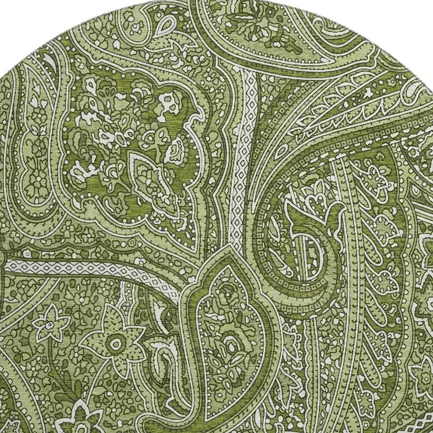 8' Green And Ivory Paisley Washable Round Rug With UV Protection Photo 4