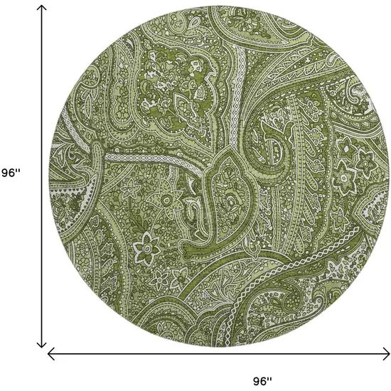 8' Green And Ivory Paisley Washable Round Rug With UV Protection Photo 3