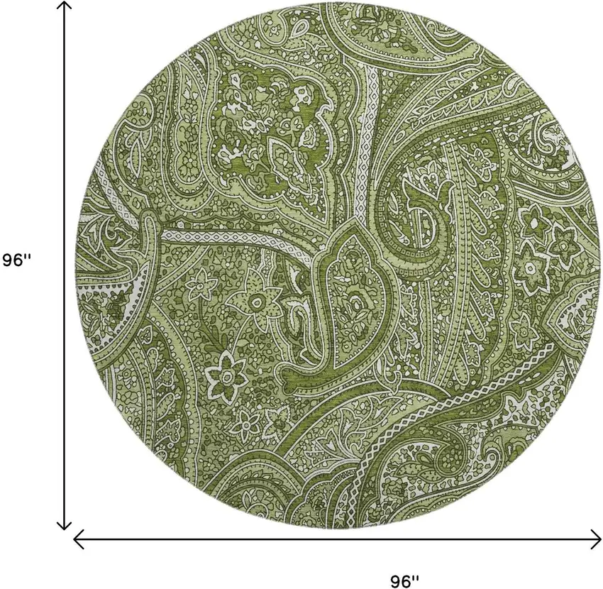 8' Green And Ivory Paisley Washable Round Rug With UV Protection Photo 3