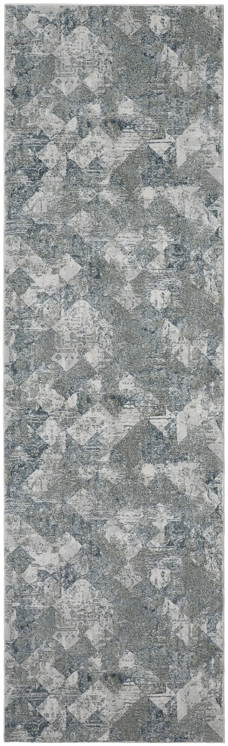 10' Green And Ivory Patchwork Distressed Stain Resistant Runner Rug Photo 1