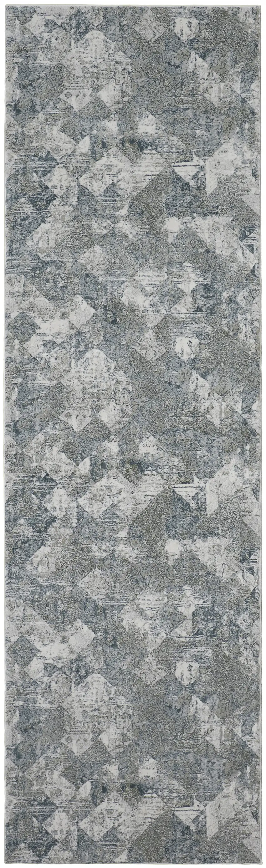 10' Green And Ivory Patchwork Distressed Stain Resistant Runner Rug Photo 1