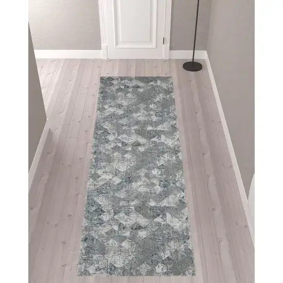 10' Green And Ivory Patchwork Distressed Stain Resistant Runner Rug Photo 2