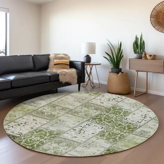 8' Green And Ivory Patchwork Washable Round Rug With UV Protection Photo 5