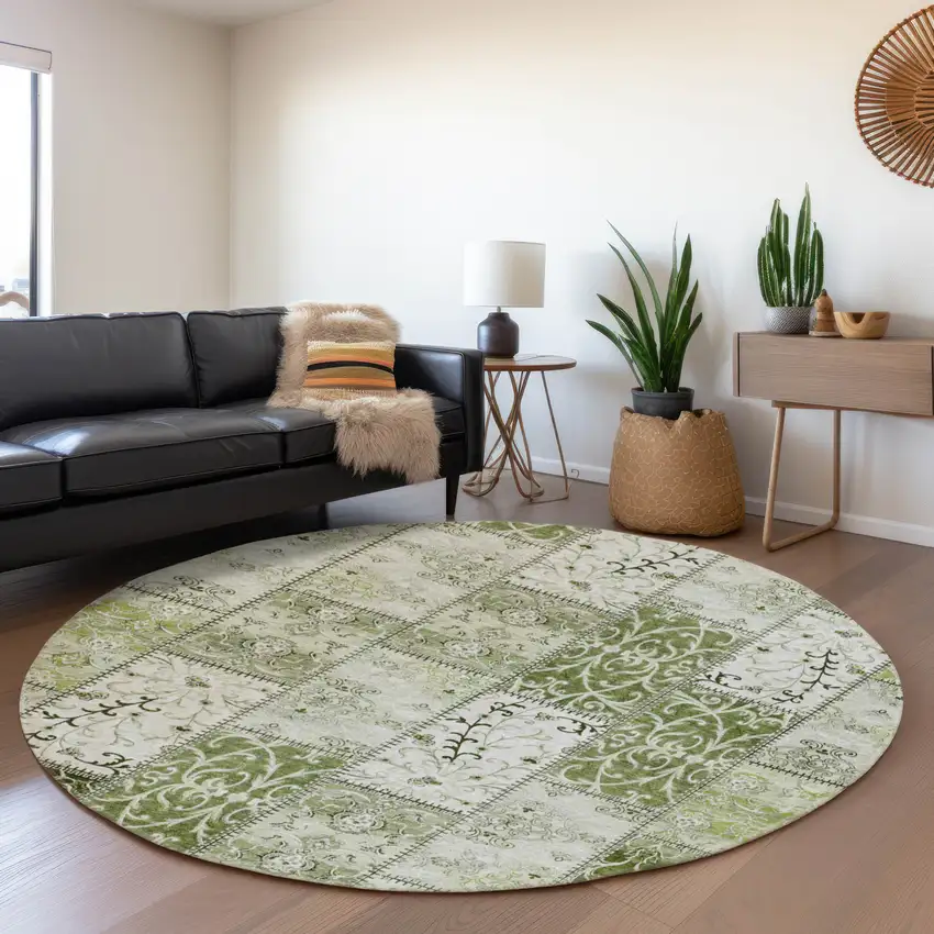 8' Green And Ivory Patchwork Washable Round Rug With UV Protection Photo 5