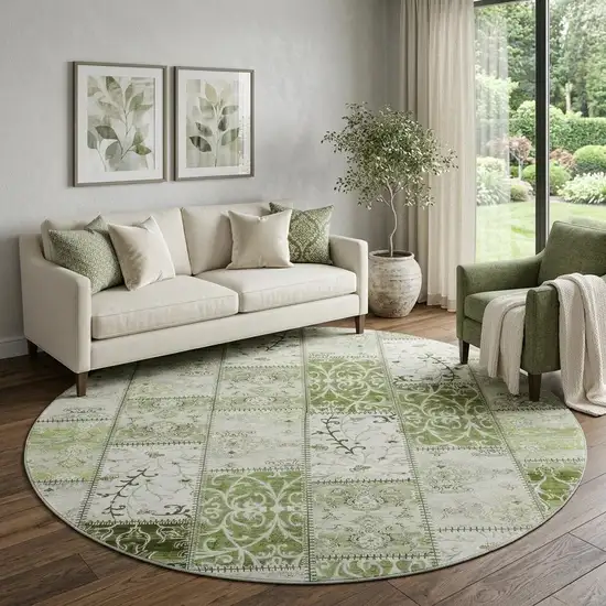 8' Green And Ivory Patchwork Distressed Washable Round Rug With UV Protection Photo 1