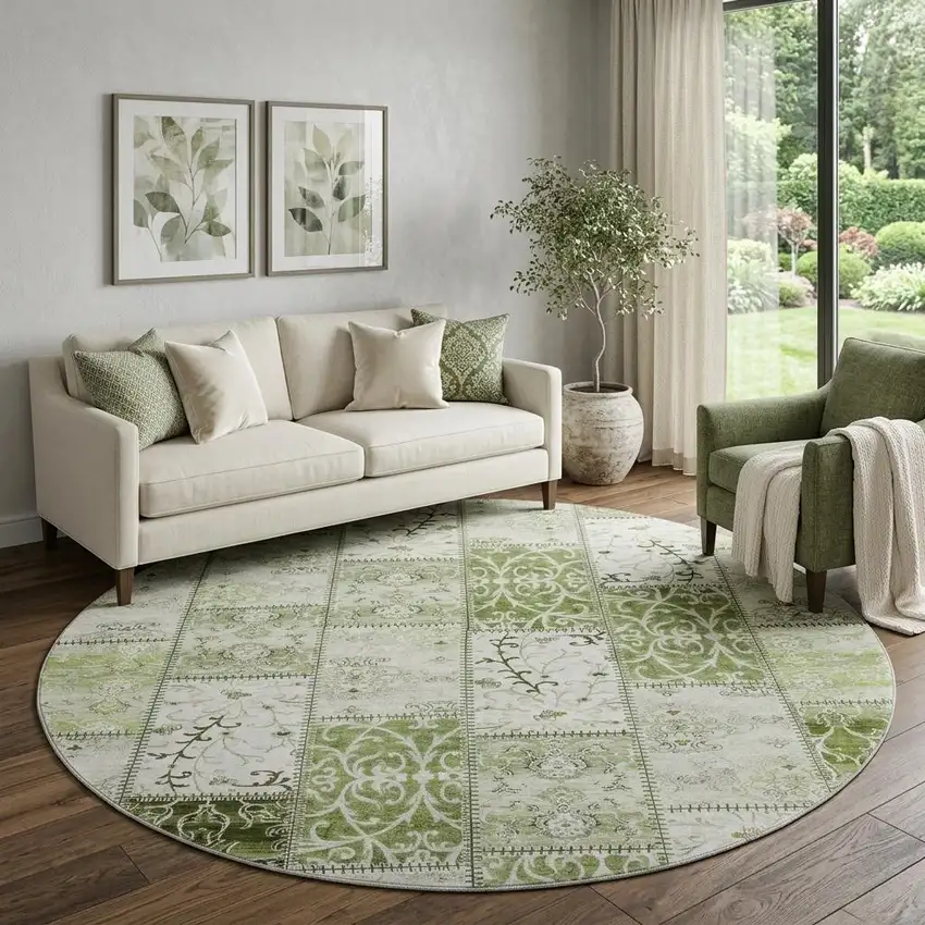 8' Green And Ivory Patchwork Distressed Washable Round Rug With UV Protection Photo 1