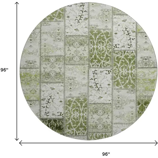 8' Green And Ivory Patchwork Distressed Washable Round Rug With UV Protection Photo 9
