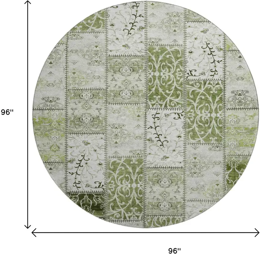 8' Green And Ivory Patchwork Distressed Washable Round Rug With UV Protection Photo 9
