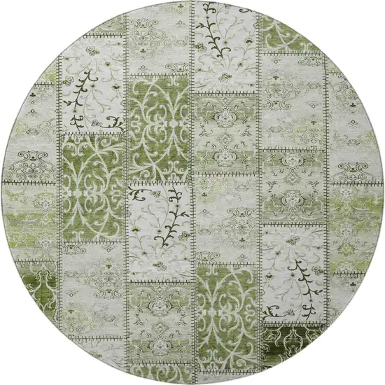 8' Green And Ivory Patchwork Washable Round Rug With UV Protection Photo 4