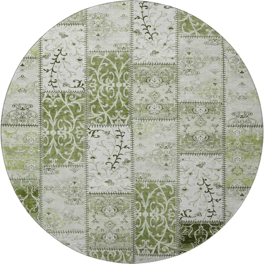 8' Green And Ivory Patchwork Washable Round Rug With UV Protection Photo 4